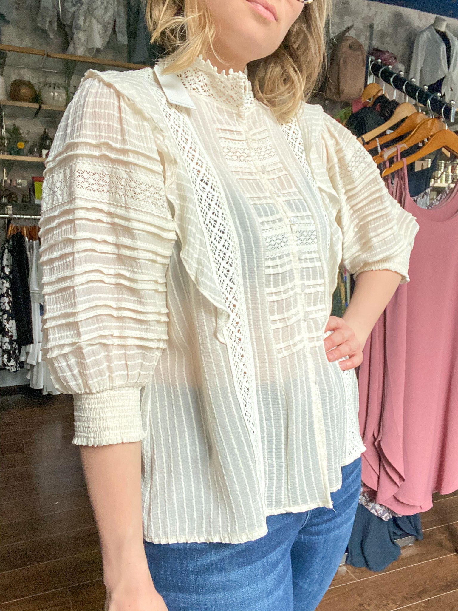 DAMAGED Lace Mock Neck Puff Sleeve Top