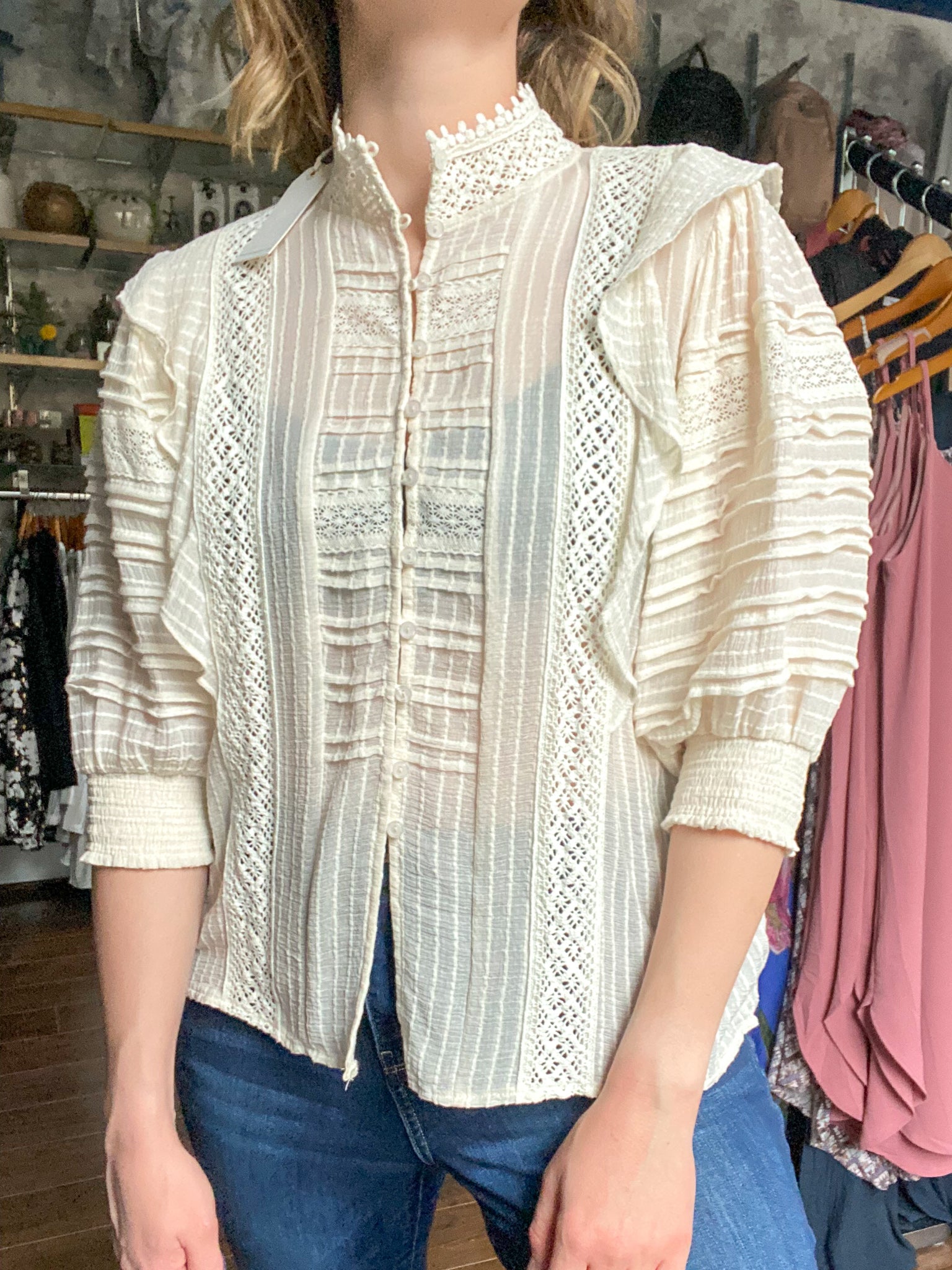 DAMAGED Lace Mock Neck Puff Sleeve Top