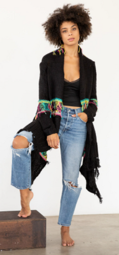 Black Multi Waterfall Fringed Hem Duster