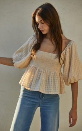 Woven Gauze Puffy Sleeve Top - Cream