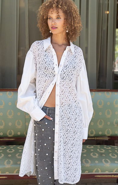 Long Lace Button Down - White