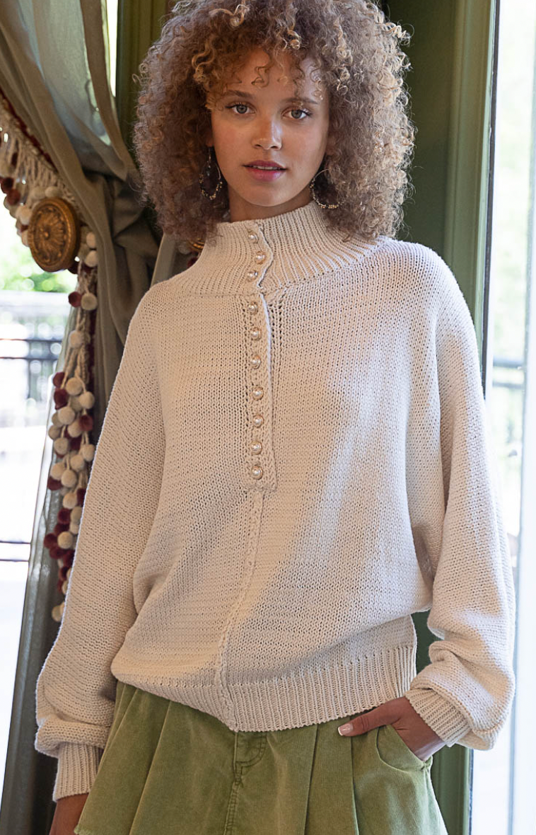 Pearl Buttoned Mock Turtleneck - Almond