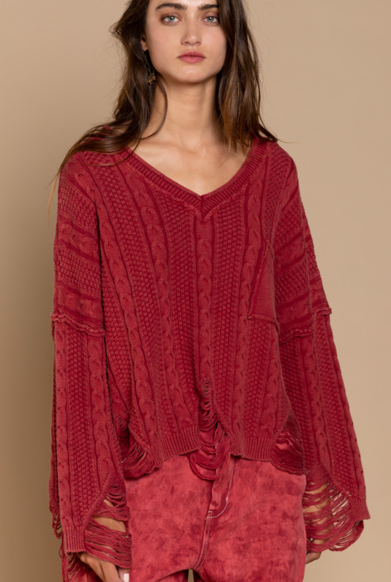 Vintage V-Neck Distressed Sweater - Maroon Red