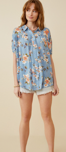 Blue Floral Print Short Sleeve Top