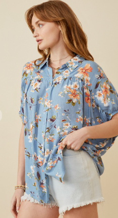 Blue Floral Print Short Sleeve Top